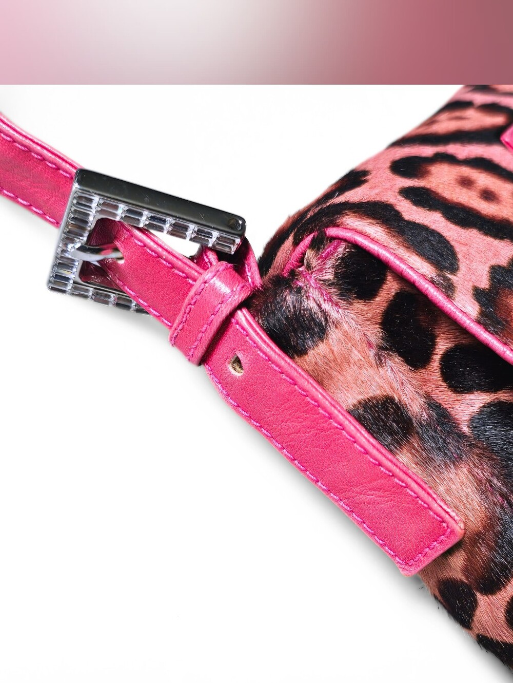 Fendi Baguette Vintage Pink Leopard Pony Hair Crystal Buckle Detail - Picture 10 of 16